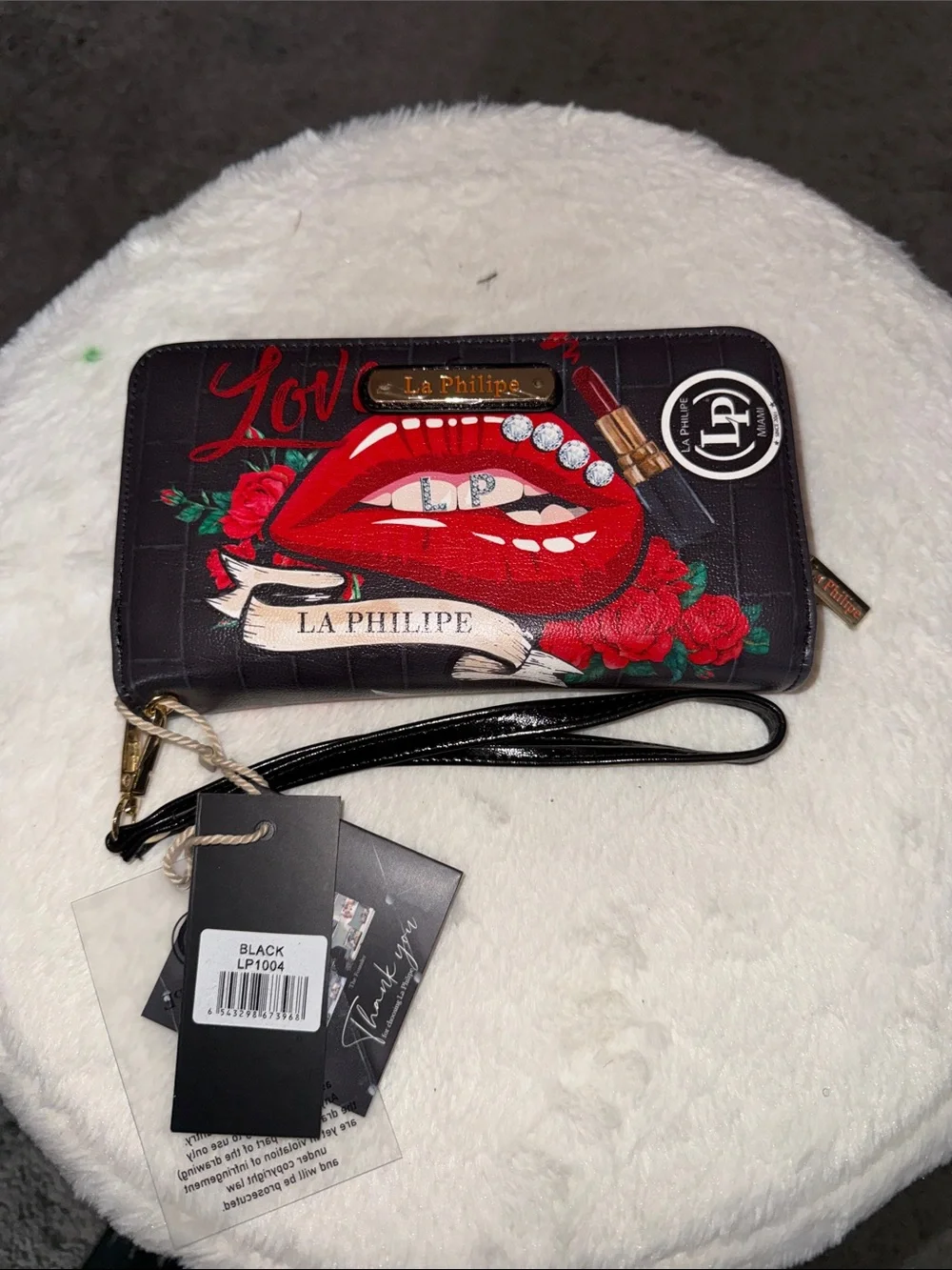 Black Tote with Red Lip Print and Matching Wallet
